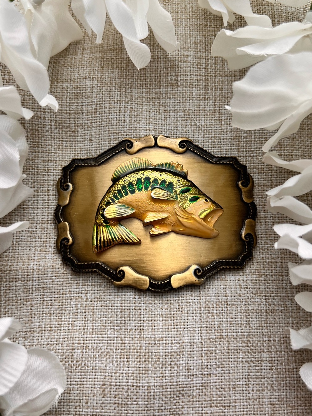 RAINTREE Vintage Gold Belt Buckle with Green Bass Fish